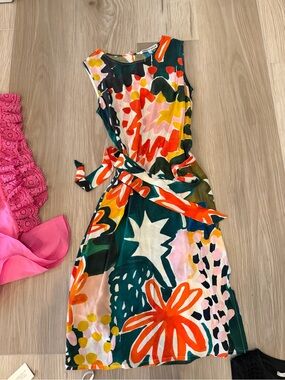 Colorful Abstract Floral Sleeveless Belted Dress